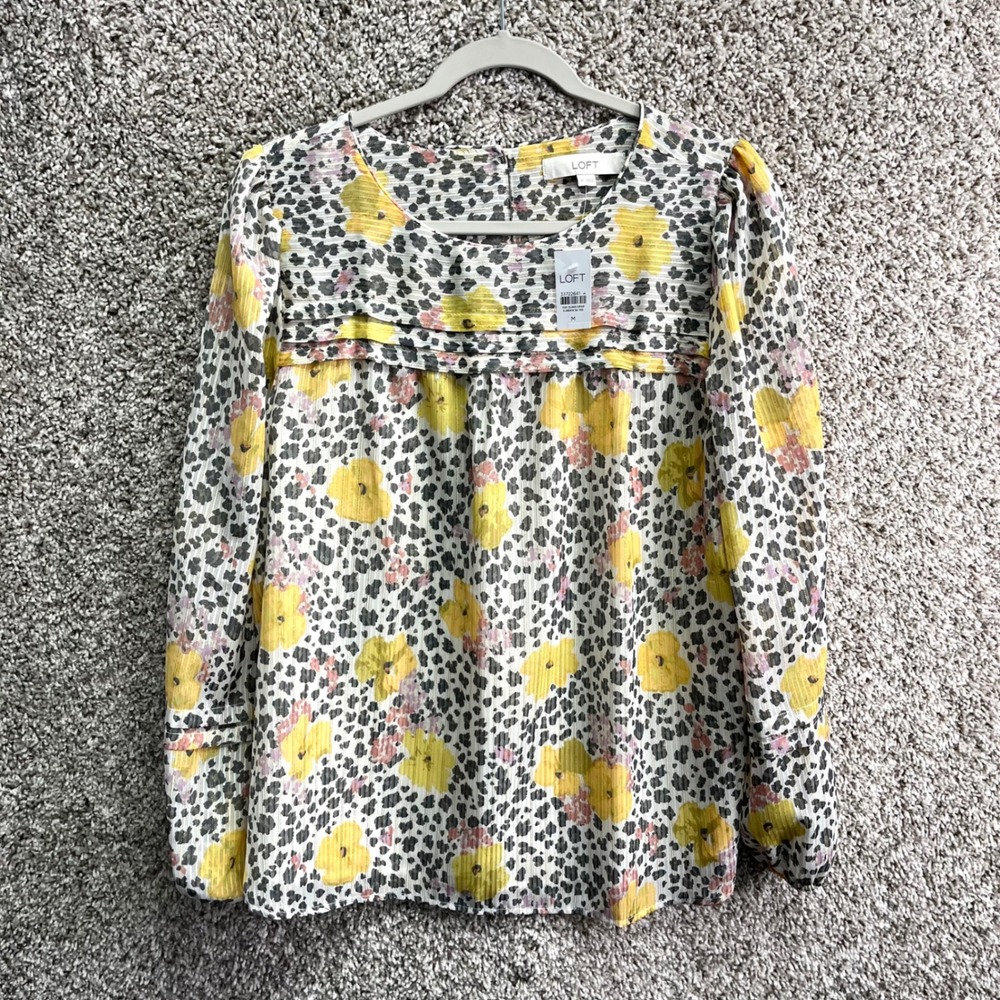 LOFT Top Women's M Yellow Floral and Leopardβ Print Lurex Stripe Long Sleeve NWT